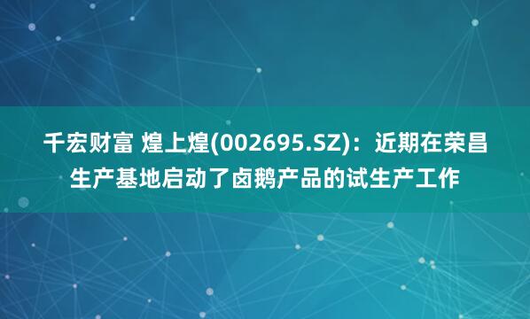 千宏财富 煌上煌(002695.SZ)：近期在荣昌生产基地启动了卤鹅产品的试生产工作